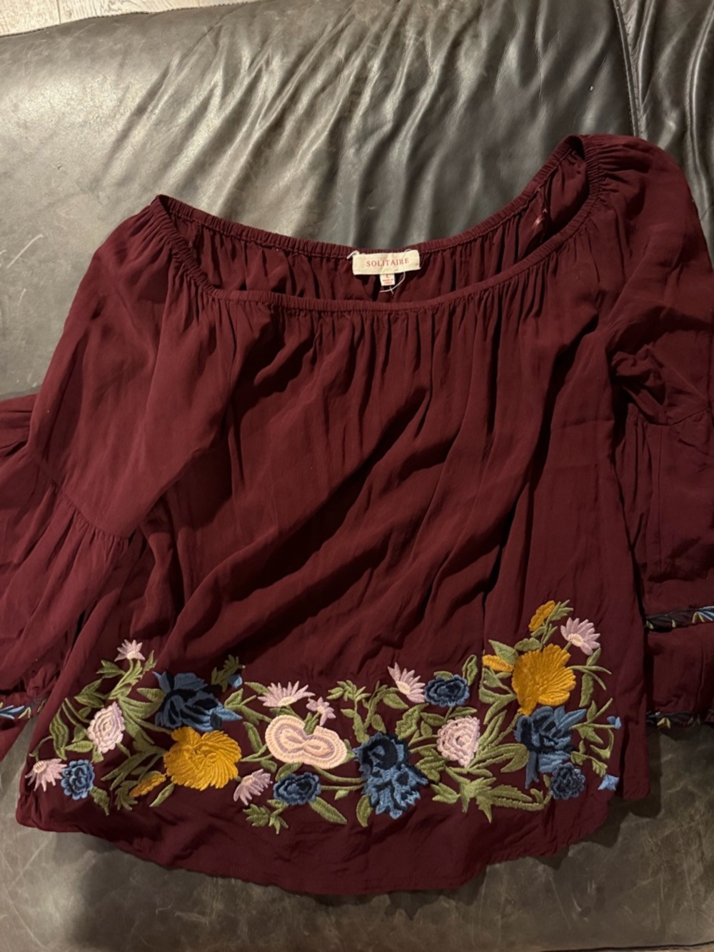 Solitaire Burgundy Off-Shoulder Embroidered Floral Blouse